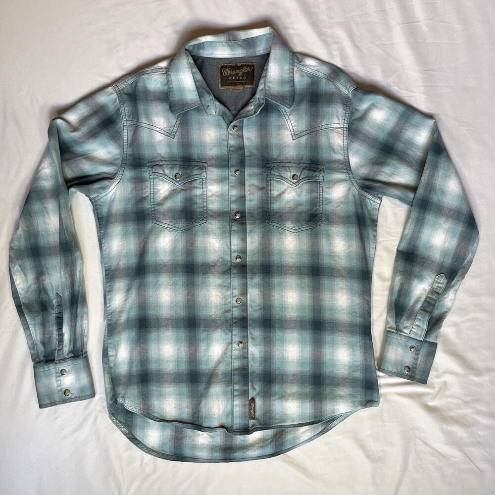 Men's Wrangler Retro Plaid Snap Button Long Sleeve Shirt M Medium Blue White